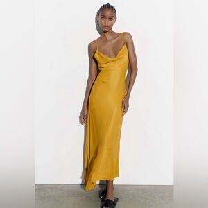 ZARA Mustard Yellow Gold Satin Slip Dress Ruched Asymmetrical Hem